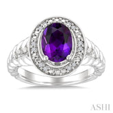 9x7 MM Oval Shape Amethyst and 1/20 Ctw Single Cut Diamond Semi-precious Ring in Sterling Silver